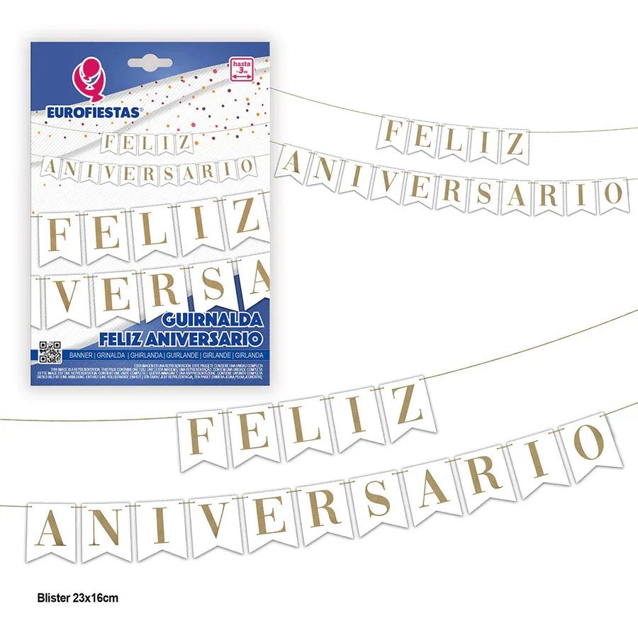 GUIRNALDA FELIZ ANIVERSARIO BLAN/ORO - yupiparty