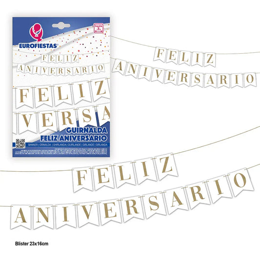 GUIRNALDA FELIZ ANIVERSARIO BLAN/ORO - yupiparty