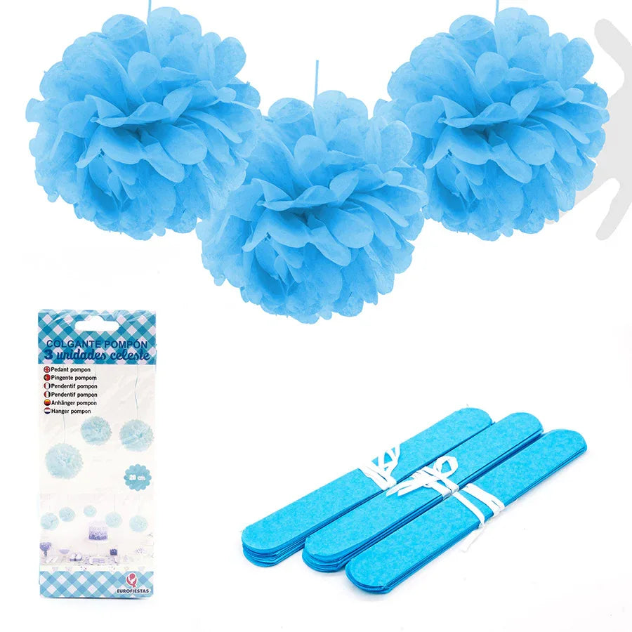 COLGANTE POMPON 3U 20CM*CELESTE - yupiparty