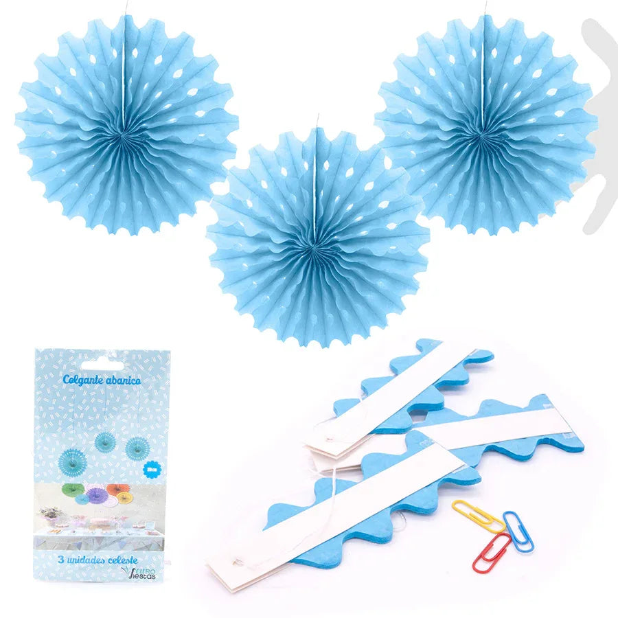 COLGANTE ABANICO CELESTE*3-20cm. PQ.12U - yupiparty
