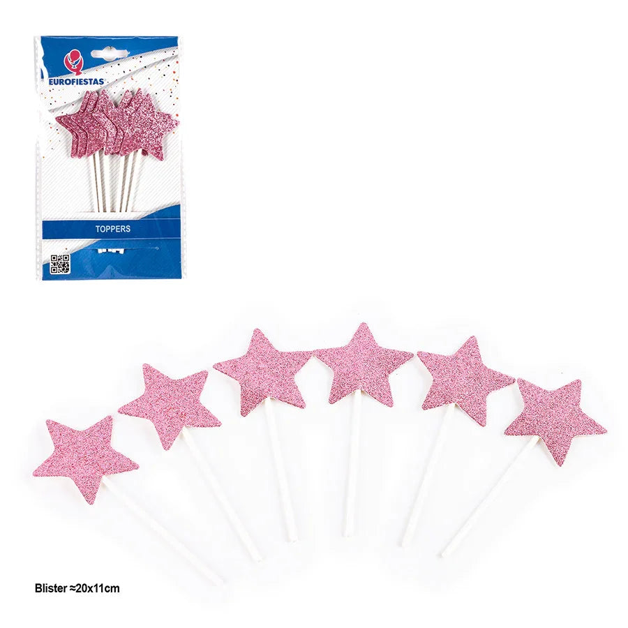 TOPPER ESTRELLAS PURPURINA ROSA 6PCS - yupiparty