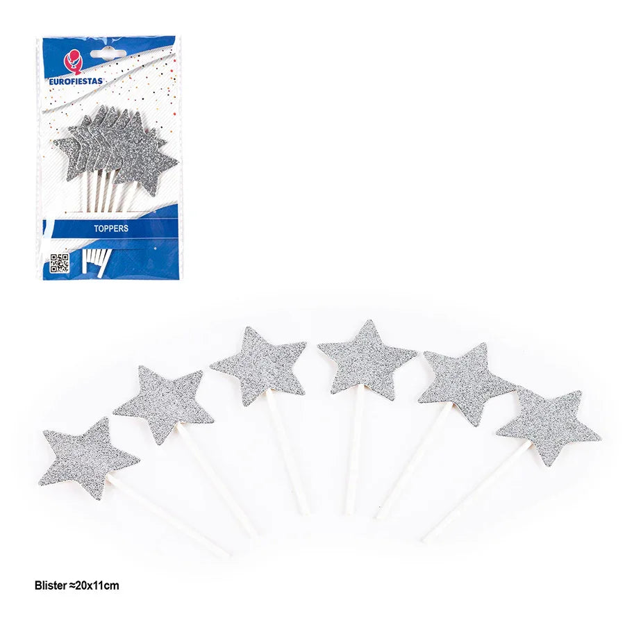 TOPPER ESTRELLAS PURPURINA PLATA 6PCS - yupiparty