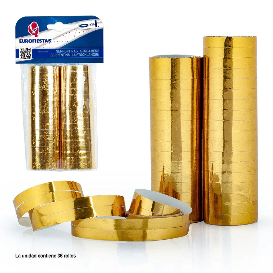 SERPENTINAS 36 ROLL.HOLOG.ESTRELLAS ORO - yupiparty