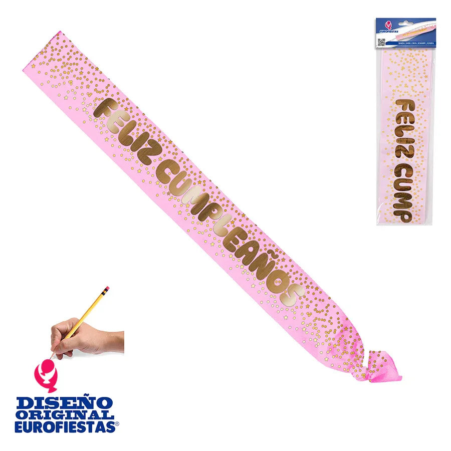 BANDA ROSA FELIZ CUMPLEAÑOS ROSA/ORO - yupiparty