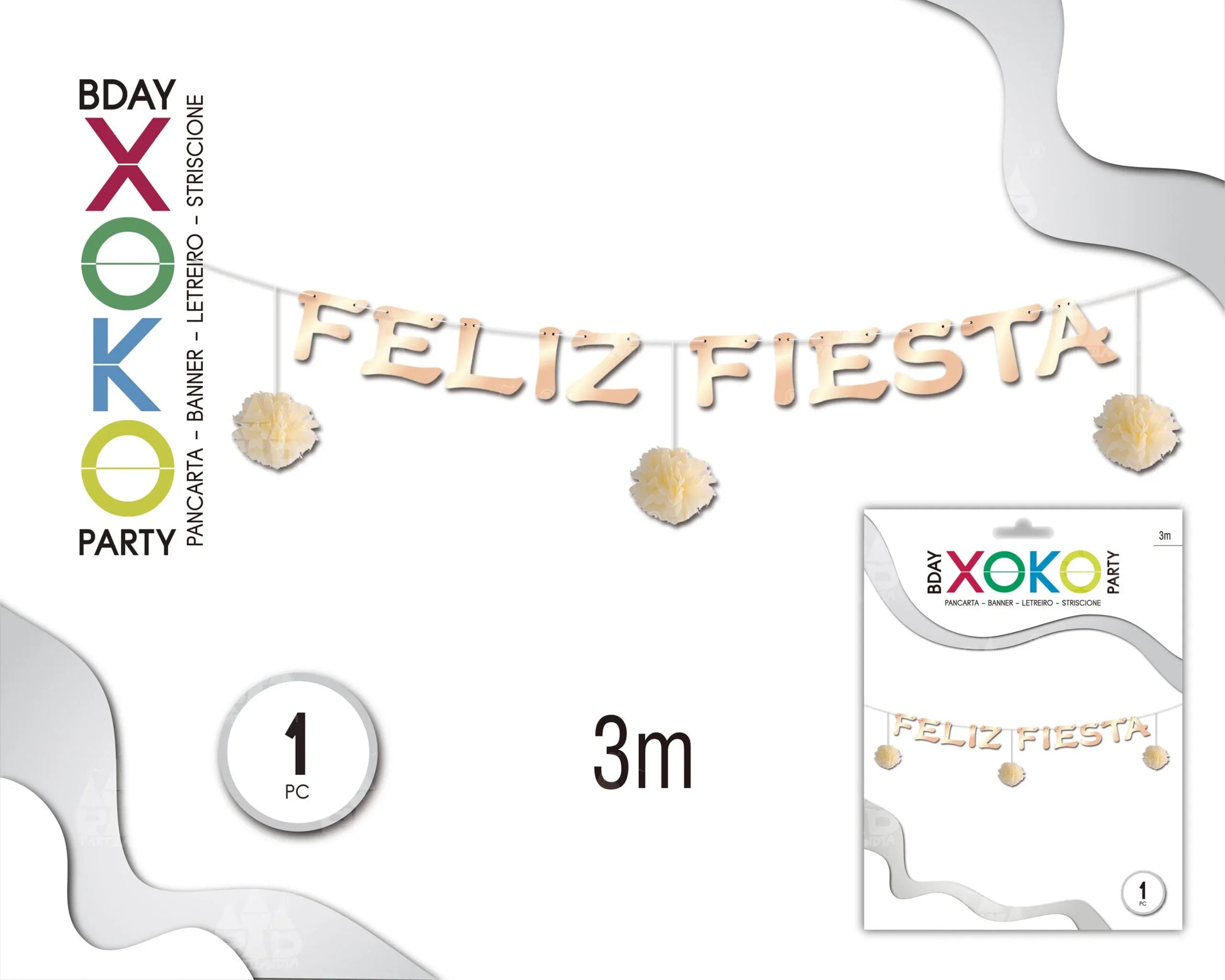 BANNER FELIZ FIESTA CHAMPAN POMPONES - yupiparty