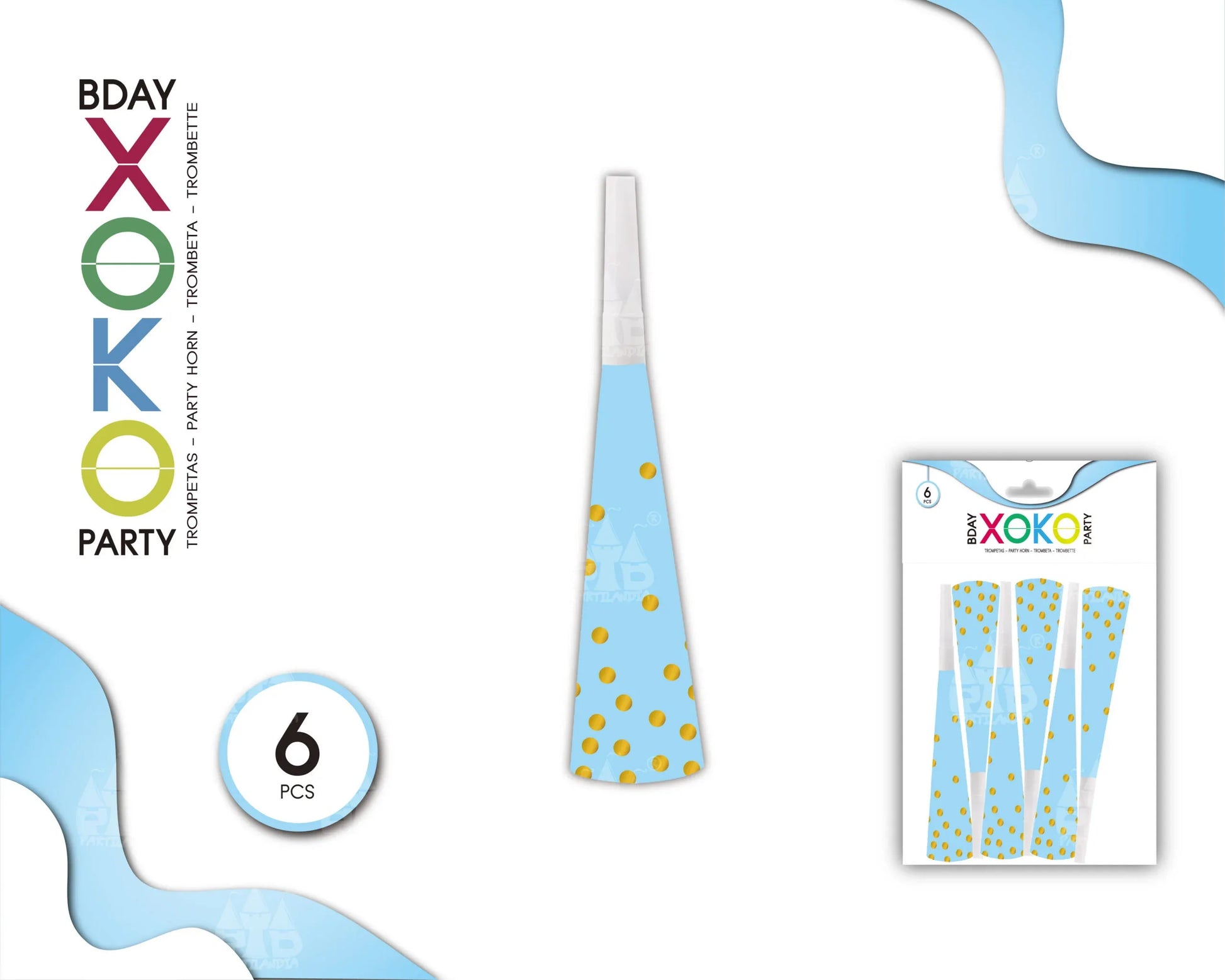 TROMPETA AZUL LUNAR ORO 6PC - yupiparty