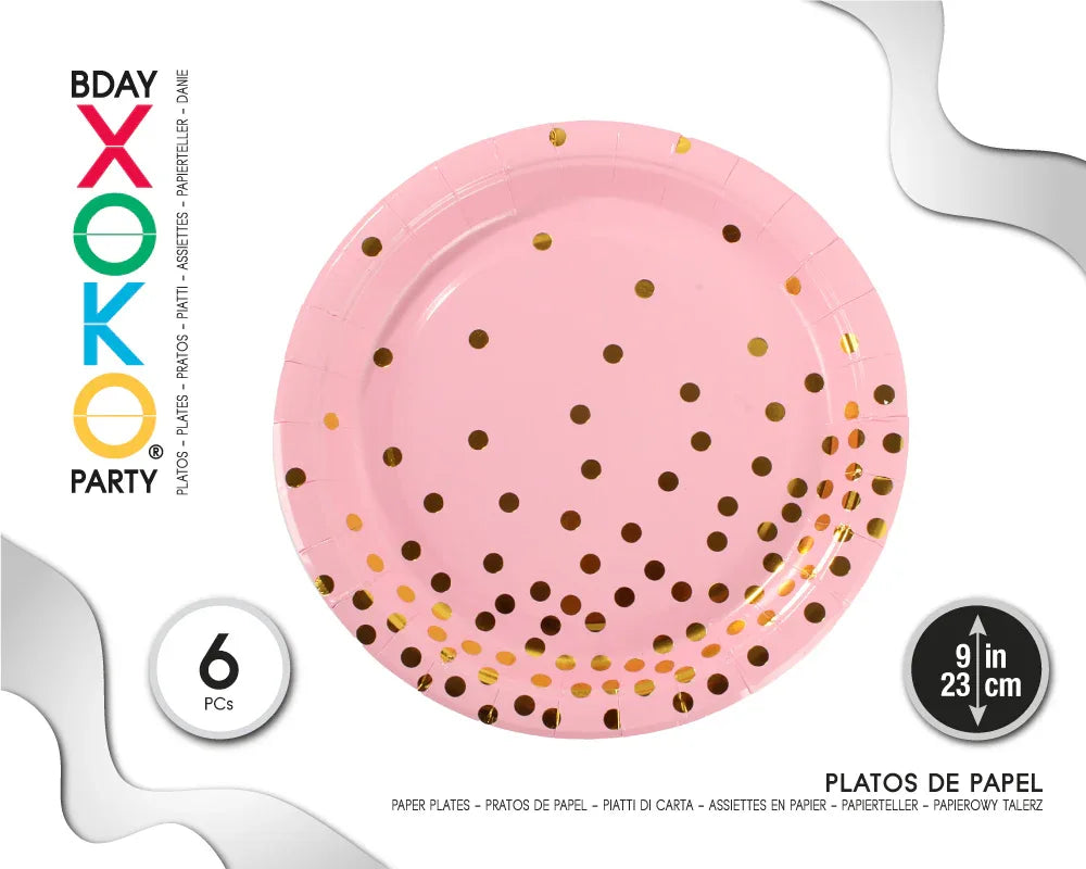 PLATO 23CM ROSA LUNAR ORO 6PC - yupiparty