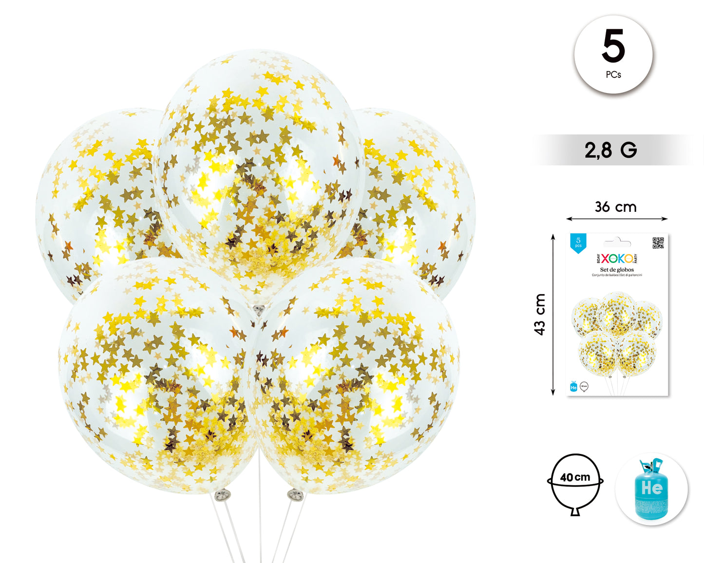 GLOBO LATEX CONFETTY 30CM 5PCS STAR ORO