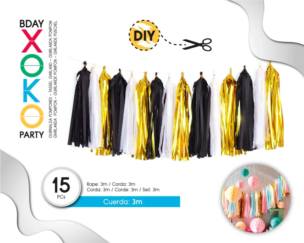 GUIRNALDA DE 15 POMPONES 3M NEGRO+BL+ORO - yupiparty
