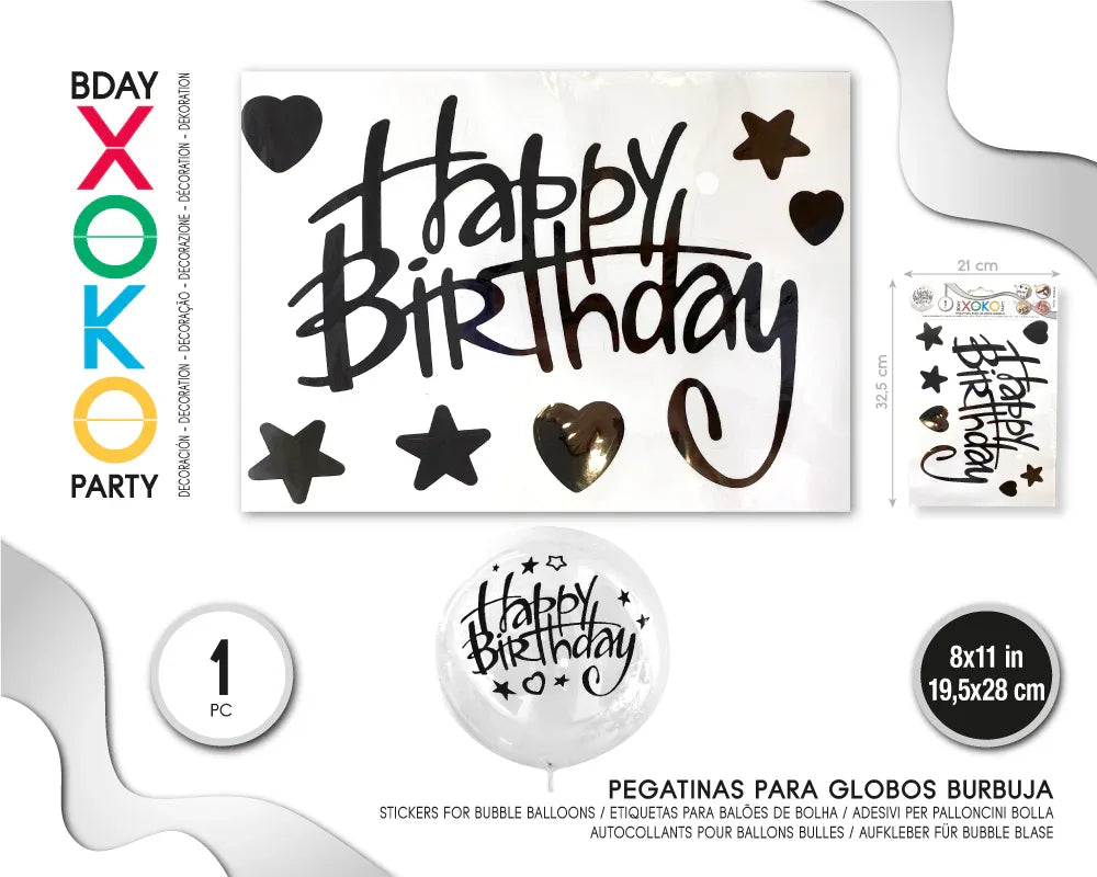 PEGATINA PARA GLOBO HAPPY BDAY NEGRO - yupiparty