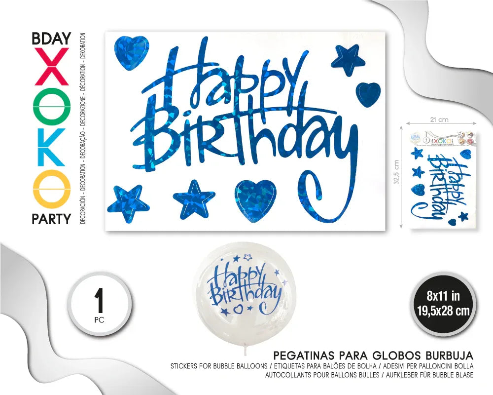 PEGATINA PARA GLOBO HAPPY BDAY AZUL - yupiparty