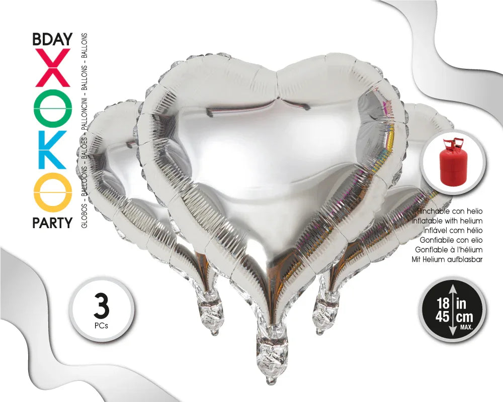 GLOBO FOIL CORAZON 18''/45CM PLATA 3PC - yupiparty