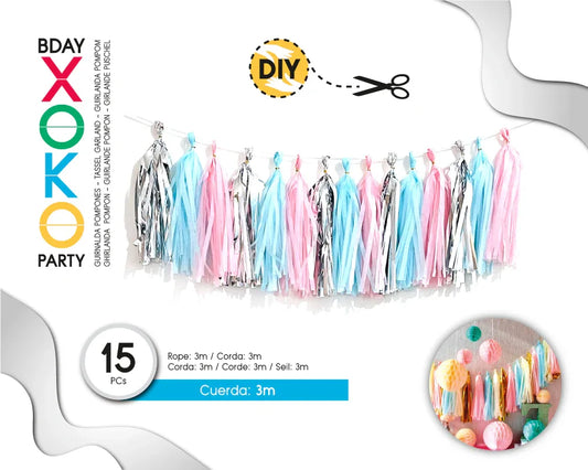 GUIRNALDA DE 15 POMPONES 3M ROSA+AZUL+PL - yupiparty