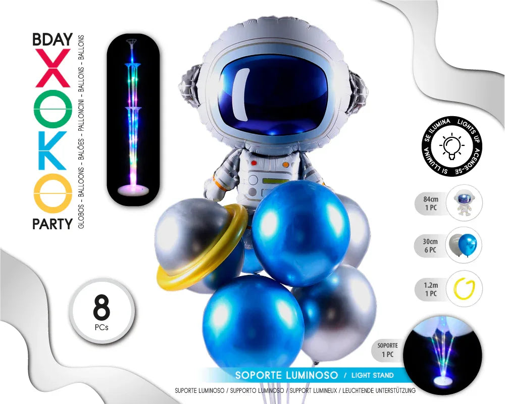 CENTRO ASTRONAUTA 8PC CON SOPORTE LUMINO - yupiparty