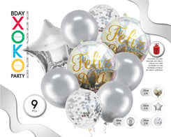 SET GLOBO FELIZ DIA PLATA 9PC - yupiparty