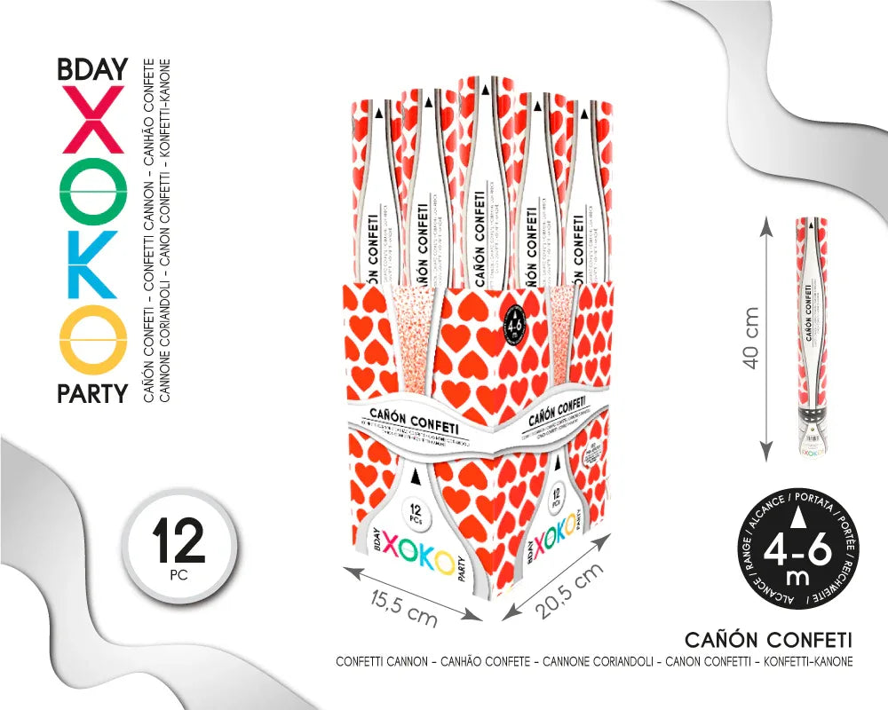 CAÑON CONFETTI CORAZONES ROJOS 40CM - yupiparty