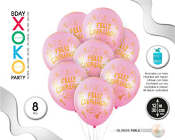 GLOBOS PERLA FELIZ C 8PC 30CM/2.8G ROSA - yupiparty