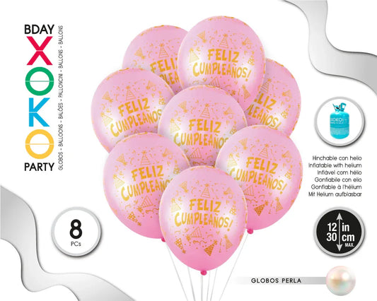 GLOBOS PERLA FELIZ C 8PC 30CM/2.8G ROSA - yupiparty