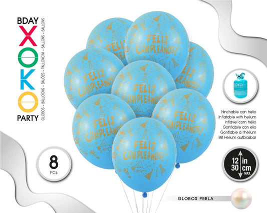 GLOBOS PERLA FELIZ C 8PC 30CM/2.8G AZUL - yupiparty