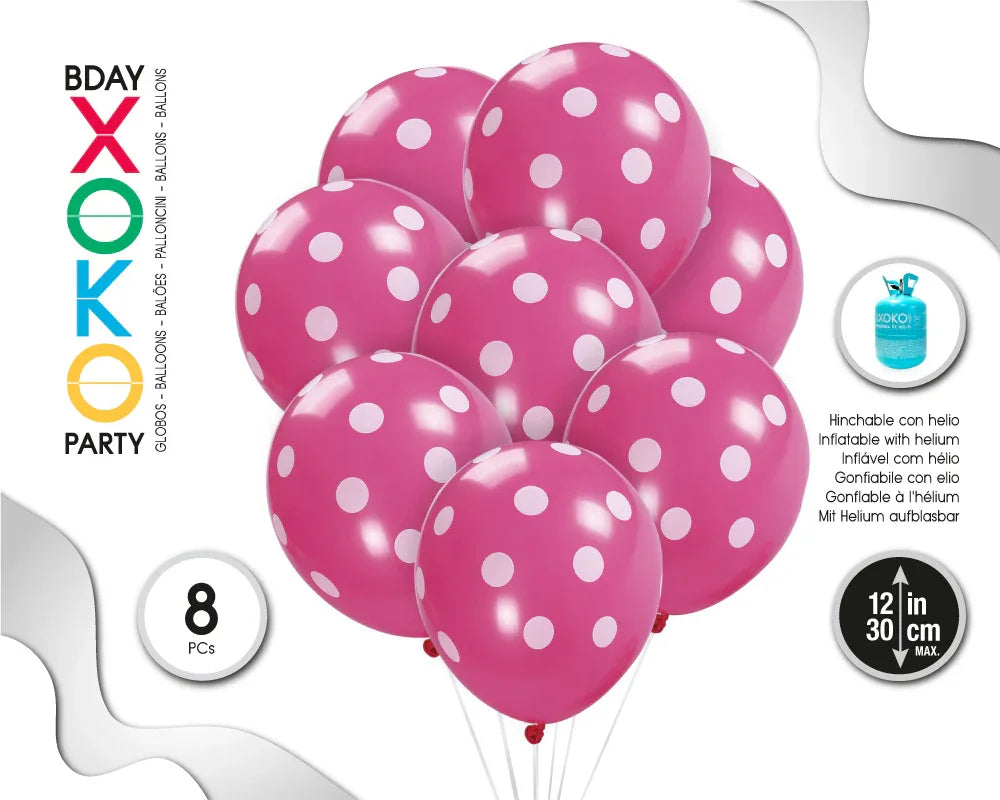 GLOBOS LATEX ROSA 8PC 30CM/2.8 LUNARES B - yupiparty