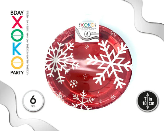 Platos Navidad Rojos Copo Nieve 18cm Pack 6 - Vajilla Festiva - yupiparty