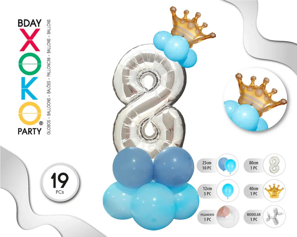 COLUMNA GLOBO PLATA AZUL Nº8 - yupiparty