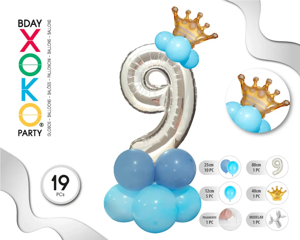 COLUMNA GLOBO PLATA AZUL Nº9 - yupiparty