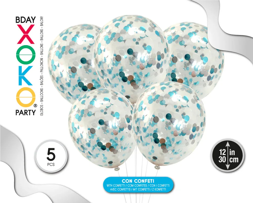GLOBO CONFETTI 30CM 5PC AZUL+PLATA - yupiparty