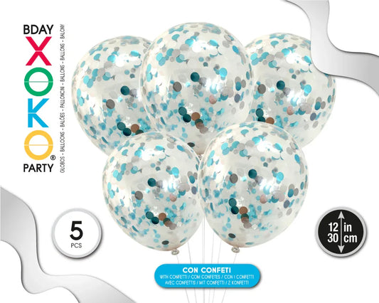GLOBO CONFETTI 30CM 5PC AZUL+PLATA - yupiparty