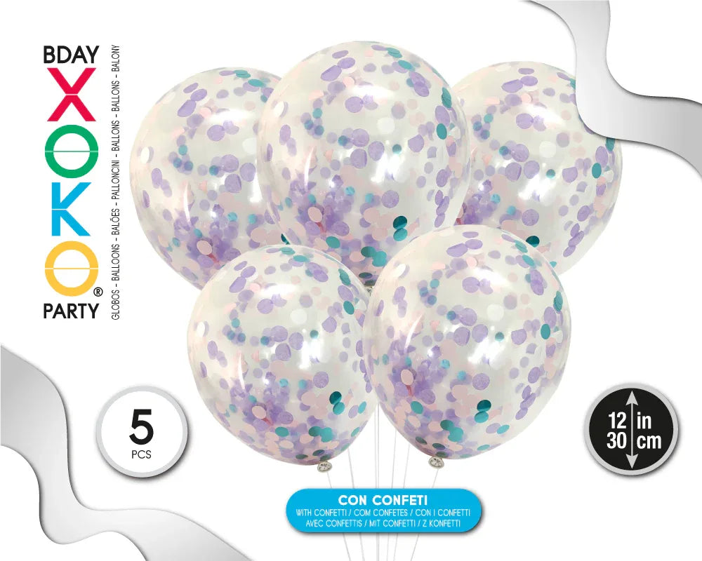 GLOBO CONFETTI 30CM 5PC MORADO+VERDE - yupiparty
