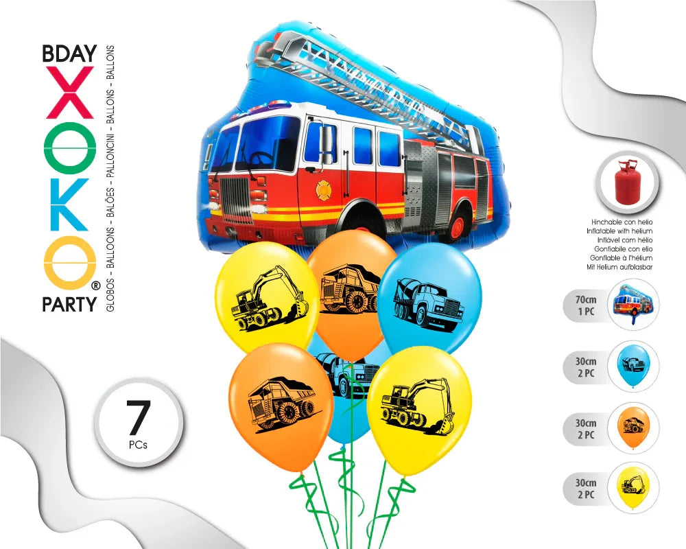 SET CAMION BOMBERO 7 GLOBOS - yupiparty