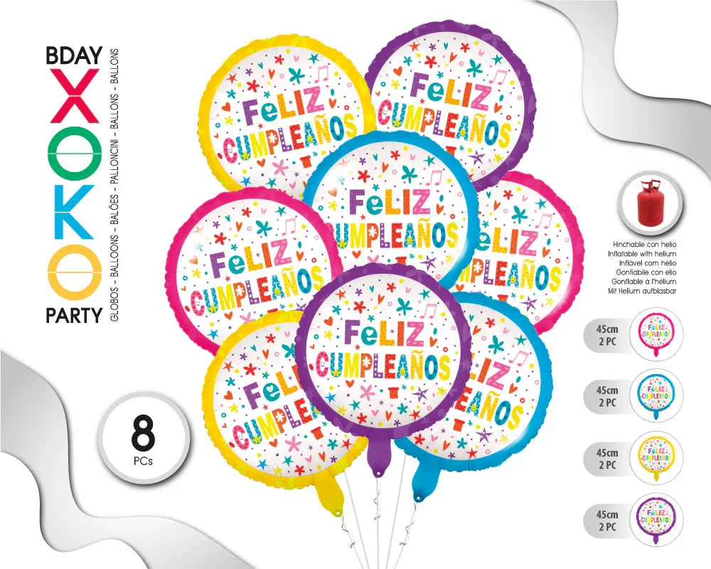 SET GLOBO MYLAR FELIZ C 8PC - yupiparty