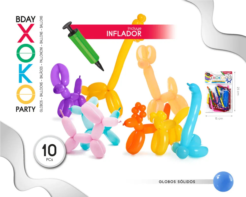 GLOBOS DE MODELAR 10 PC + INFLADOR - yupiparty