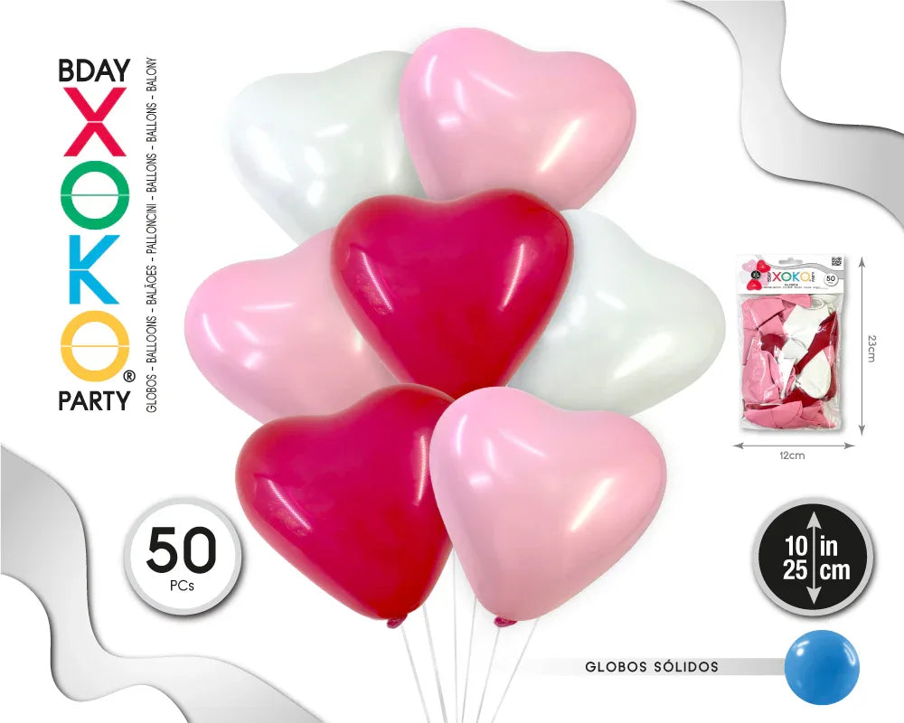 GLOBOS CORAZONES 50PC 10/25CM ROJO+ROSA+BLANCO - yupiparty