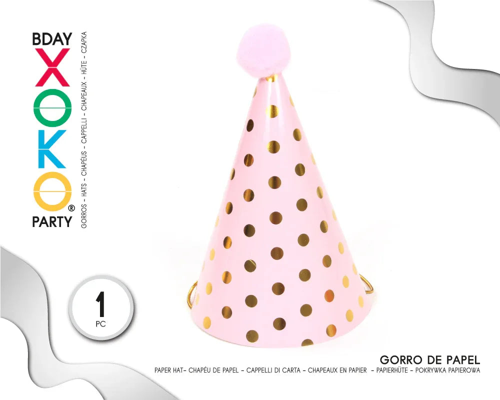 GORRO CONO ROSA TOPO ORO 1PC - yupiparty