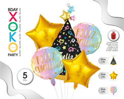 SET GLOBO MYLAR GORRO FELIZ CUMPLE 5PC - yupiparty