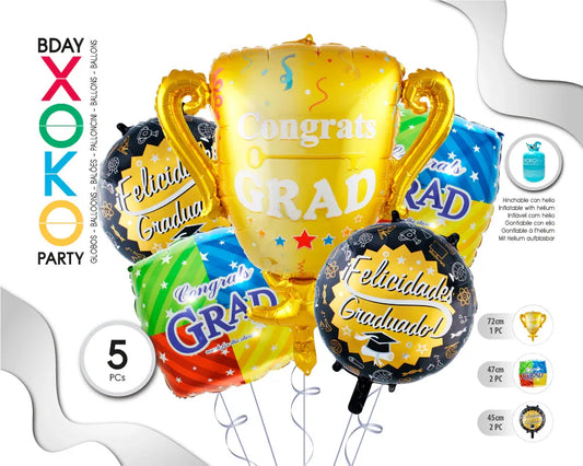 SET GLOBO MYLAR TROFEO GRADUACION 5PC - yupiparty