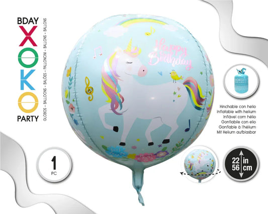 GLOBO FOIL ESFERA 55CM UNICORN AZUL - yupiparty