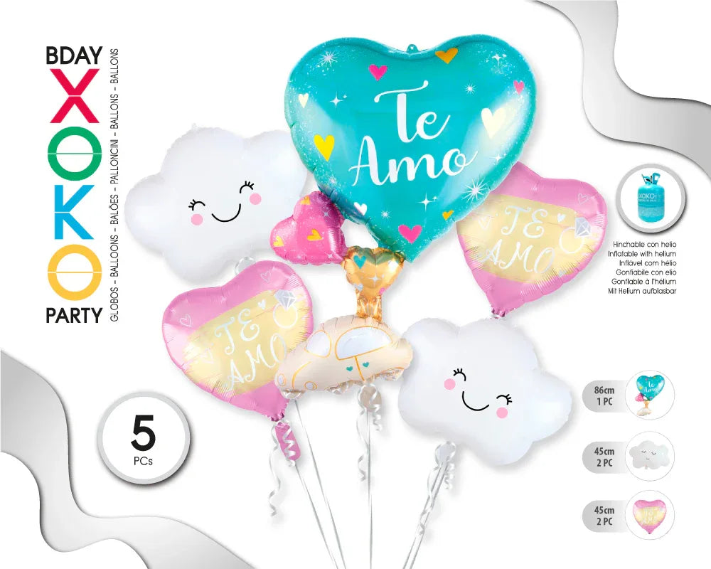 SET GLOBO MYLAR TE AMO NUBES 5PC - yupiparty