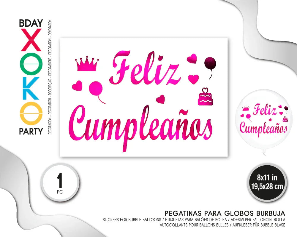 PEGATINA PARA GLOBO FELIZ CUMPLE FUCSIA - yupiparty