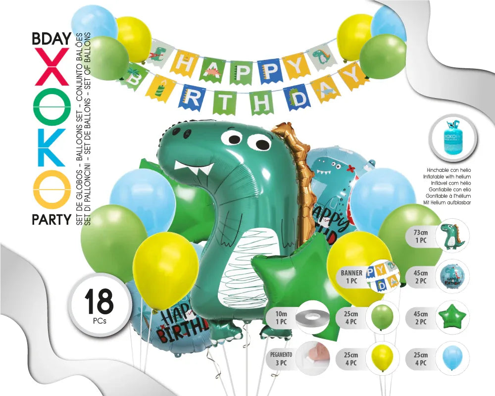 SET GLOBOS CON BANNER FELIZ C 18PC DINO - yupiparty