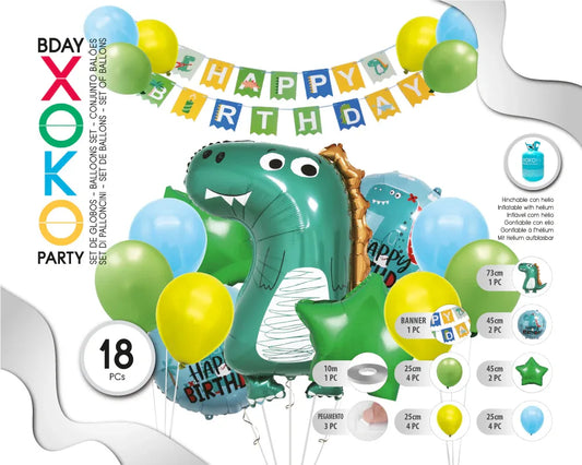 SET GLOBOS CON BANNER FELIZ C 18PC DINO - yupiparty