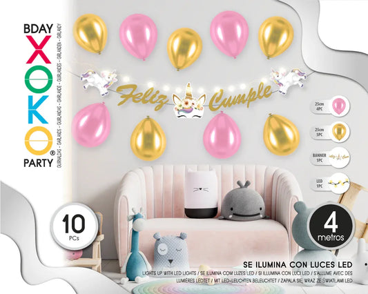 SET GUIRNALDA CON LUZ Y GLOBOS UNICORNIO - yupiparty