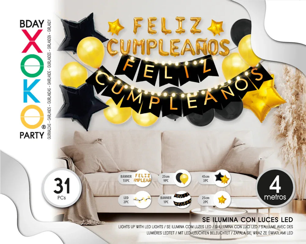 SET GUIRNALDA CON LUZ Y GLOBOS FELIZ CUM - yupiparty