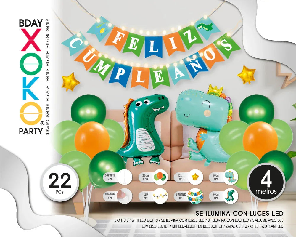 SET GLOBOS CON LUZ DINOSAURIO 22PC - yupiparty