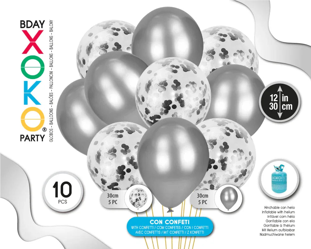 SET 5+5 GLOBOS CONFETI PLATA - yupiparty