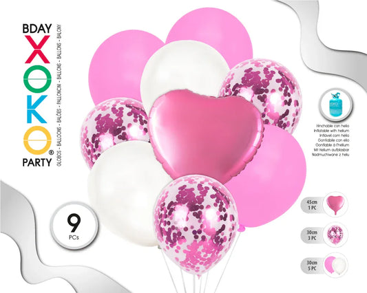 SET GLOBO CONFETTI CORAZON 9PC ROSA - yupiparty
