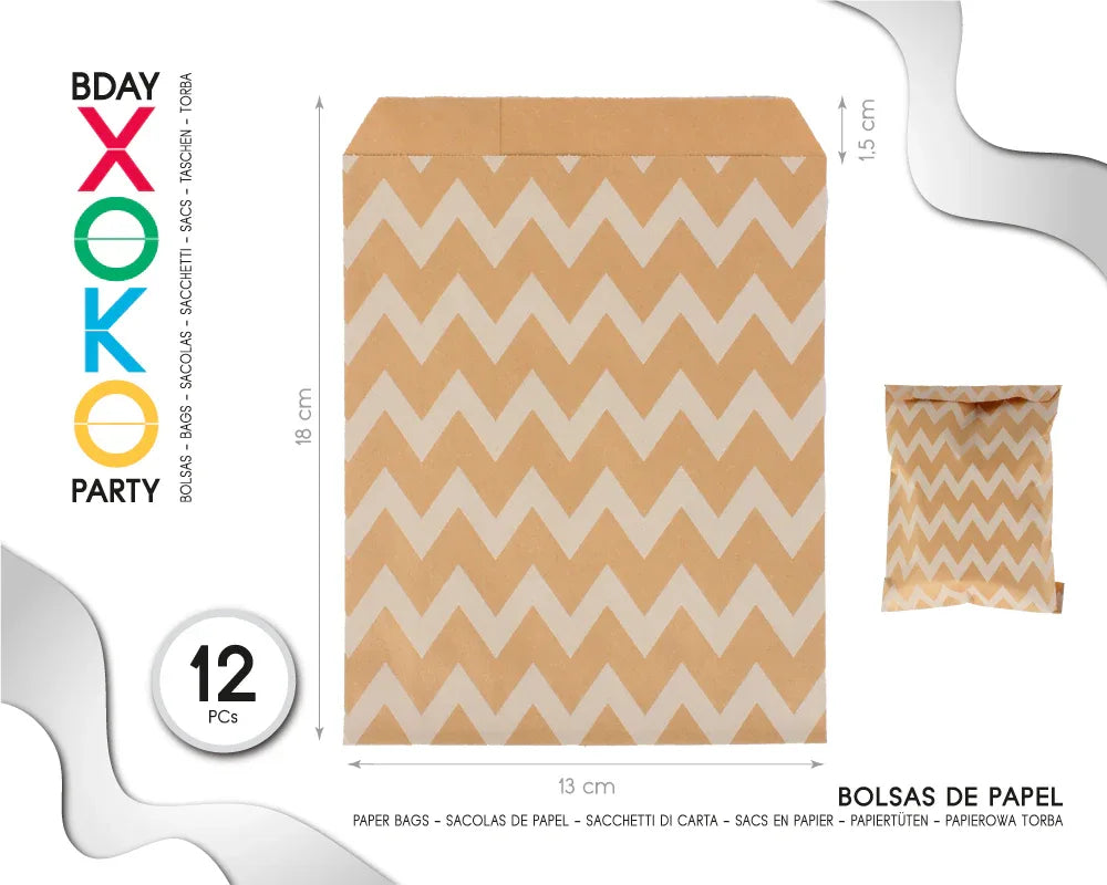 BOLSAS DE PAPEL KRAFT 12PC ZIGZAG 13*18C - yupiparty