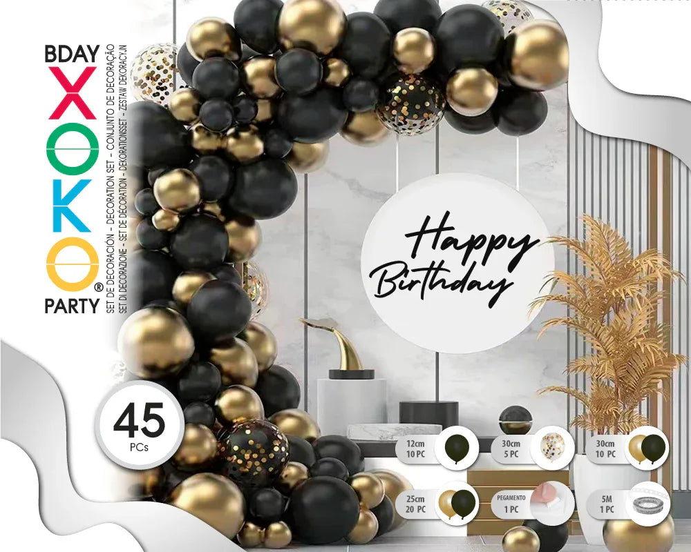 SET GLOBOS BLACK GOLD 45PC - yupiparty
