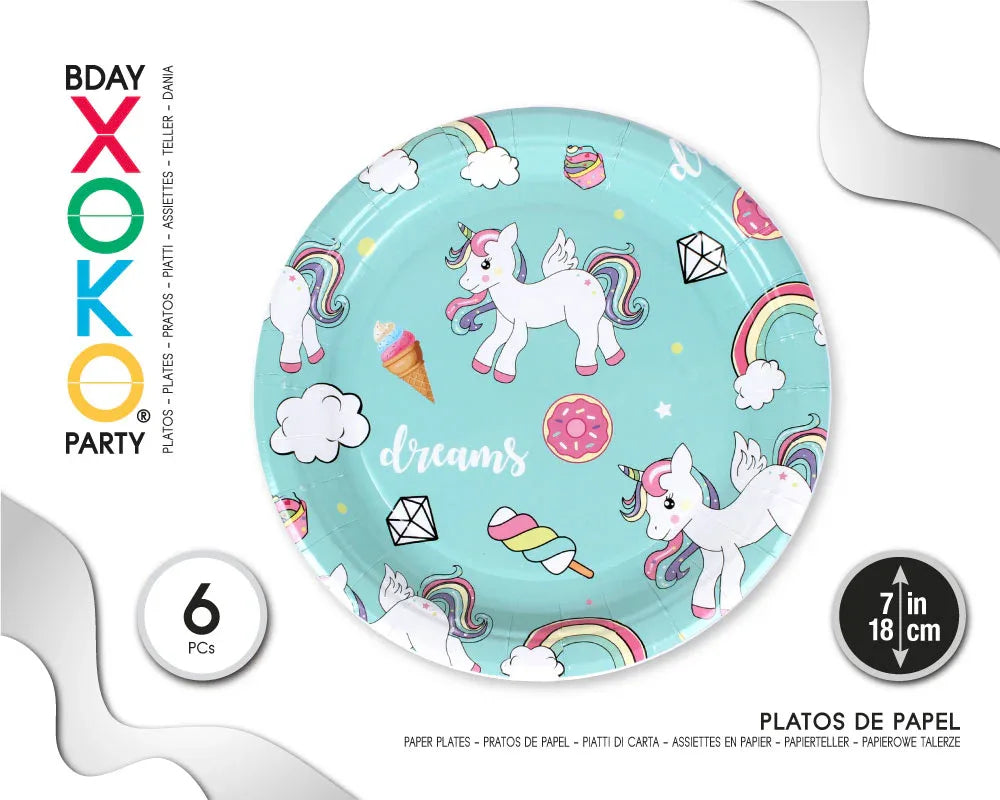 PLATO 18CM UNICORN 6PC - yupiparty